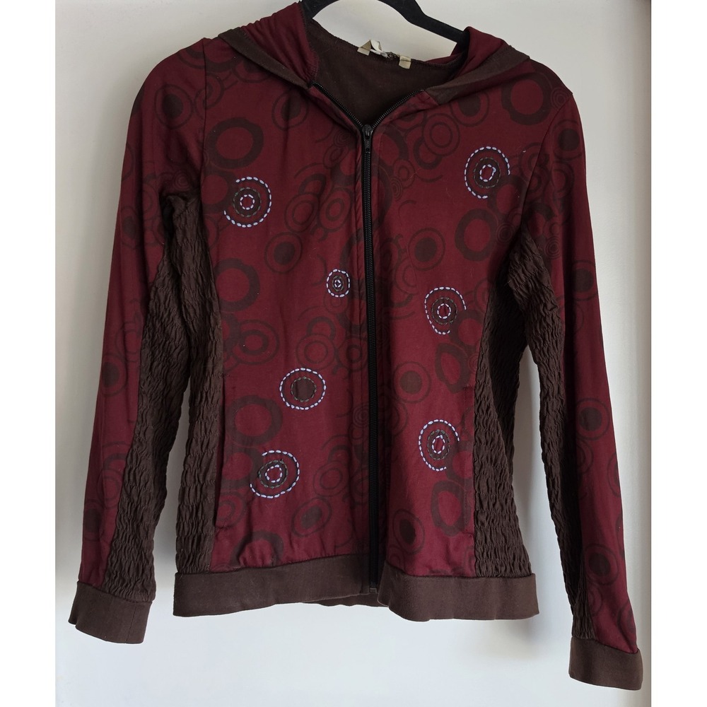VTG Yak n Yeti Hoodie Women Boho Maroon Brown Circle Pattern Embroidery
